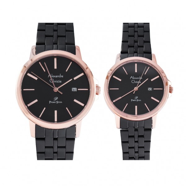 Alexandre Christie AC 1036 Rosegold Black Steel Couple